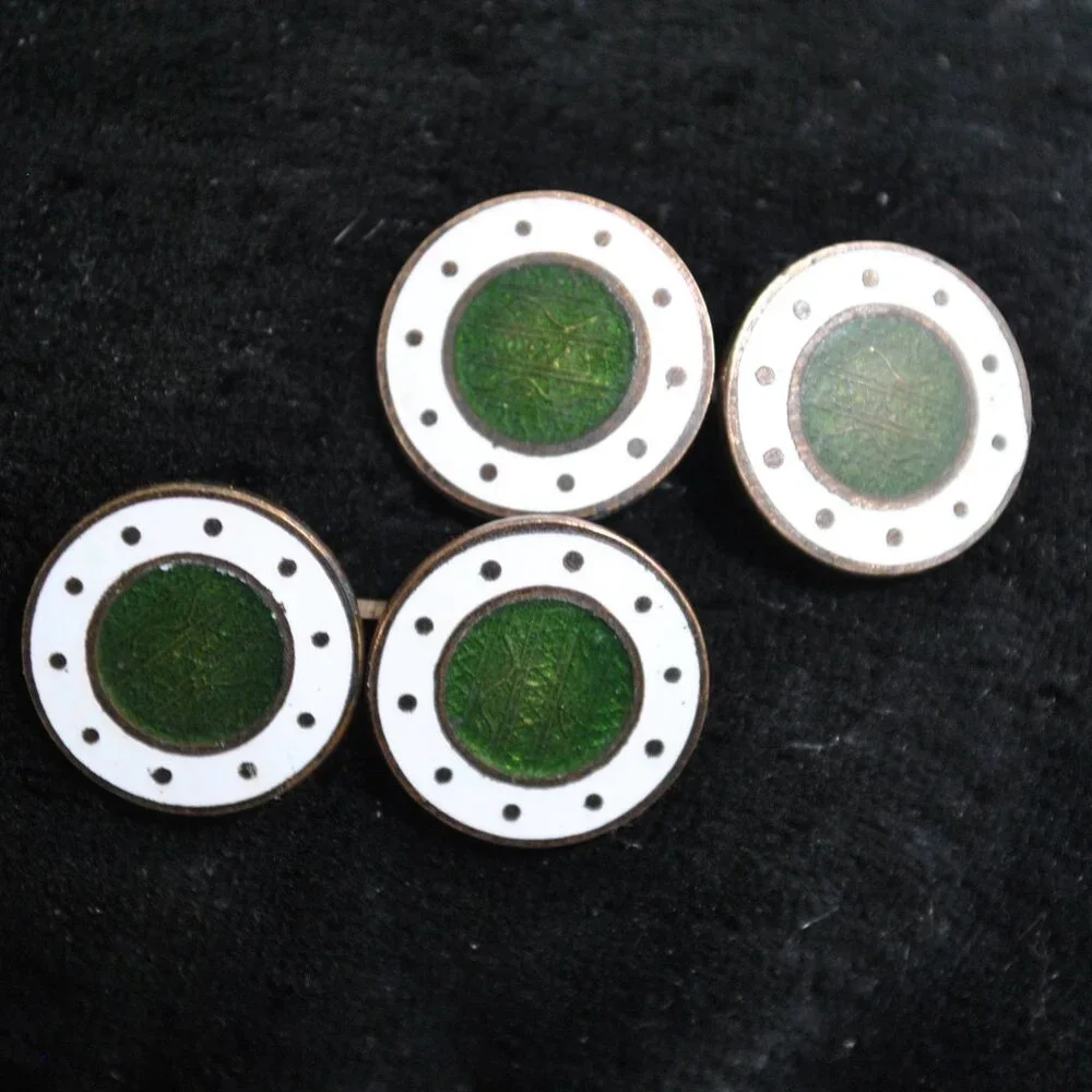 Antique Round White & Green Guilloche Enamel 